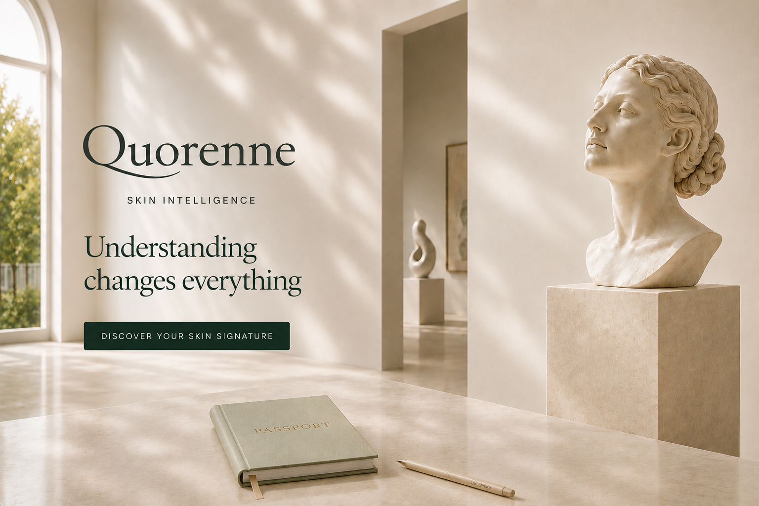 A sunlit gallery interior with a classical marble bust on a pedestal and a Quorenne Skin Passport notebook resting on a marble table